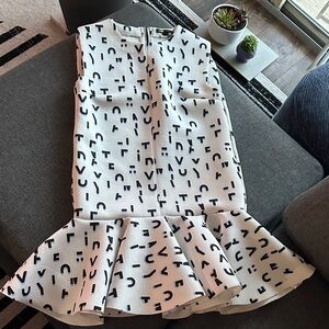 Maje White Rosy Pendlum Ruffle Dress with Navy Letter Print